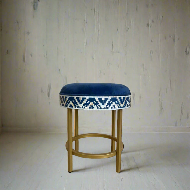 Ikat Bone Inlay Runder Hocker Blau