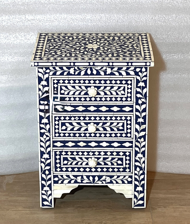 Bone Inlay Floral 3 Drawers Bedside Blue | Bone Inlay Nightstands