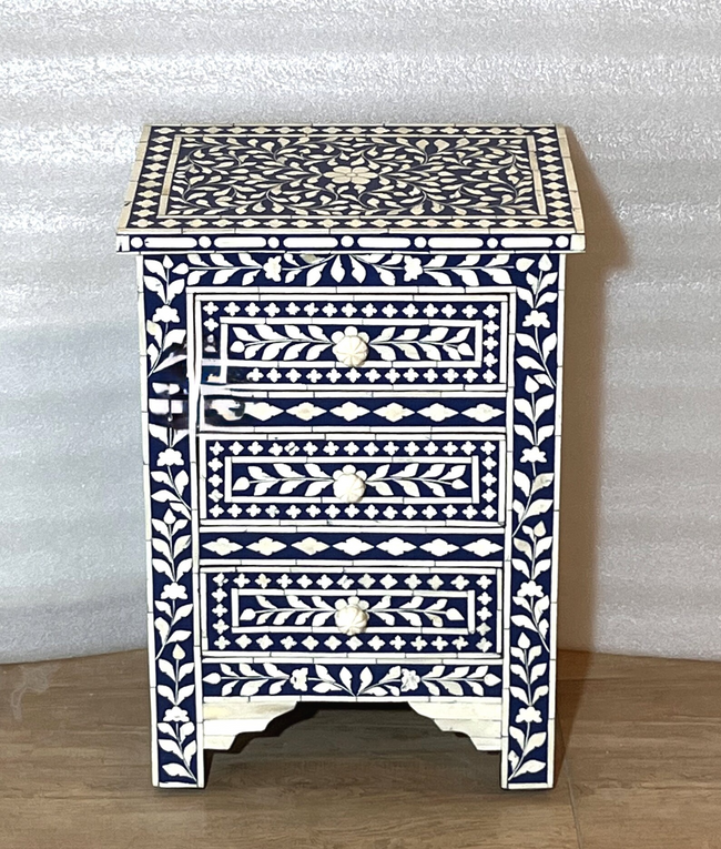 Bone Inlay Floral 3 Drawers Bedside Blue