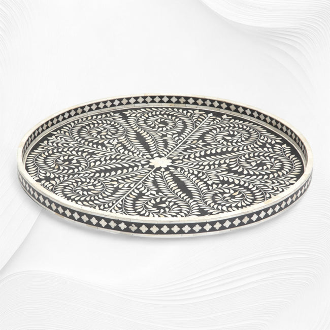 صينية دائرية كبيرة مرصعة بالعظم تصميم الأزهار باللون الأسود