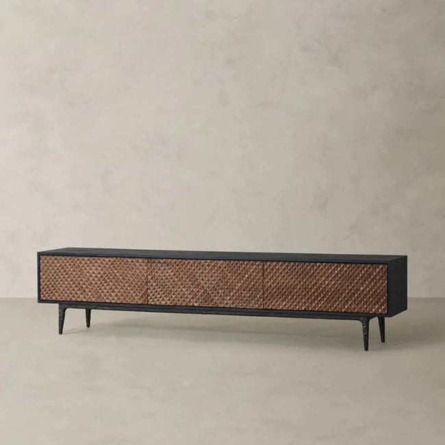 Linea Low Teak and Metal Media Console front view