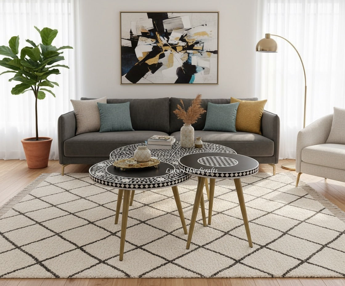 MOP Inlay Floral Nesting Table Set of 3 Black – Luxury Handicraft
