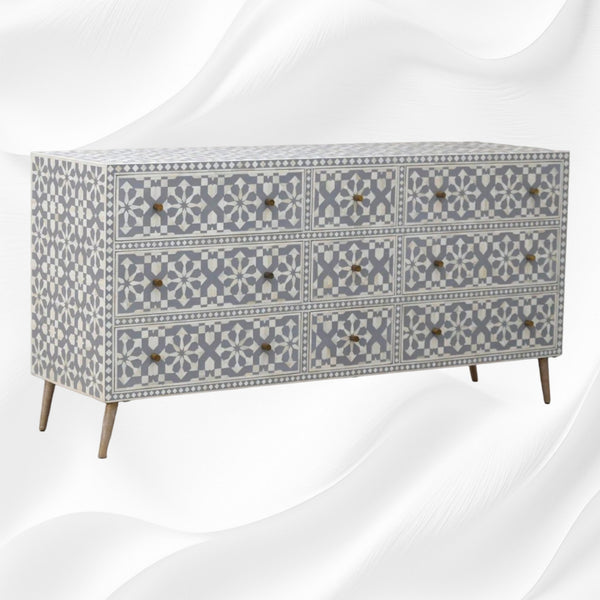 Bone Inlay Moroccan 9 Drawer Chest Grey