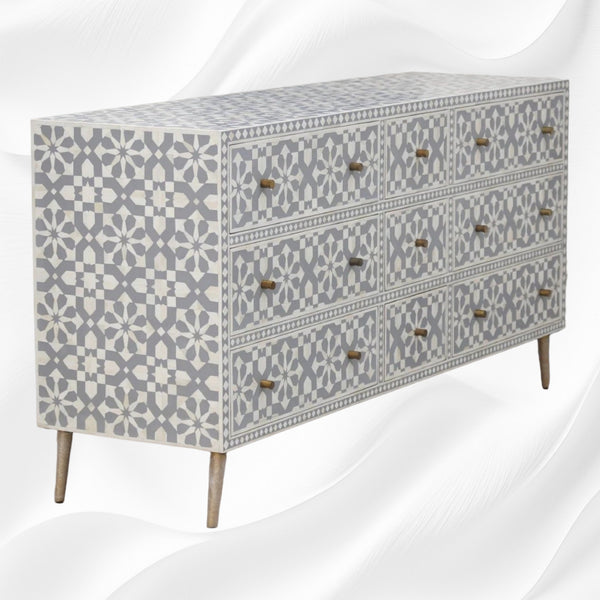 Bone Inlay Moroccan 9 Drawer Chest Grey