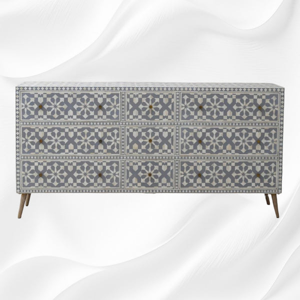 Bone Inlay Moroccan 9 Drawer Chest Grey
