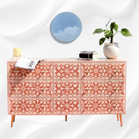 Bone Inlay Moroccan 9 Drawer Chest Orange