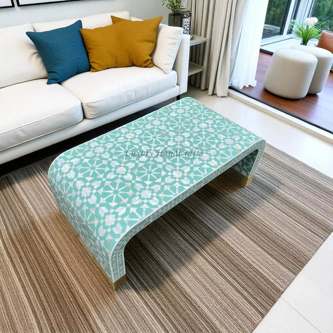 Moroccan MOP inlay waterfall coffee table in green finish - luxury handmade furniture