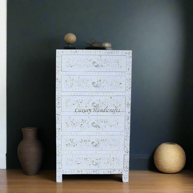 Mother Of Pearl Inlay 6 Drawer Tallboy White | White Mother Of Pearl Chest Of Drawers