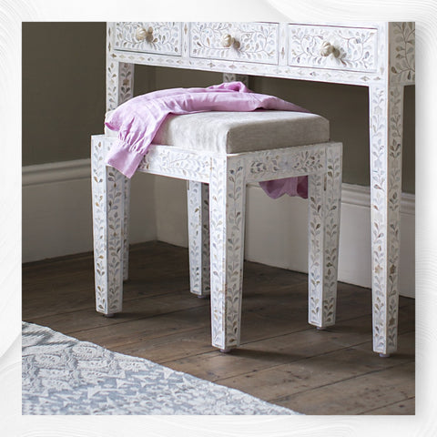 Tabouret Floral Incrustation De Nacre Blanc