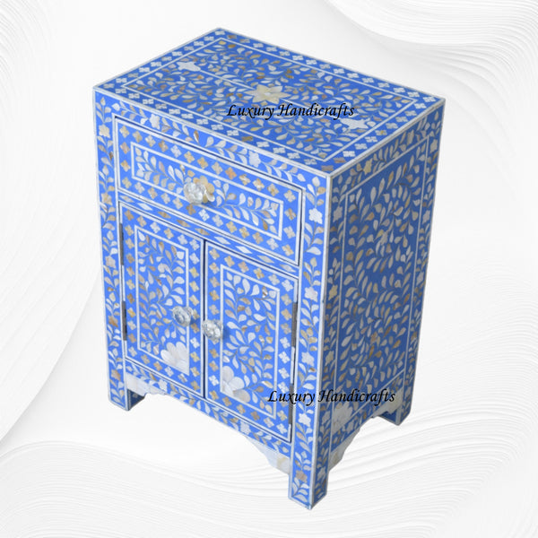 MOP Floral 1 Drawer 2 Door Bedside Table Blue 3