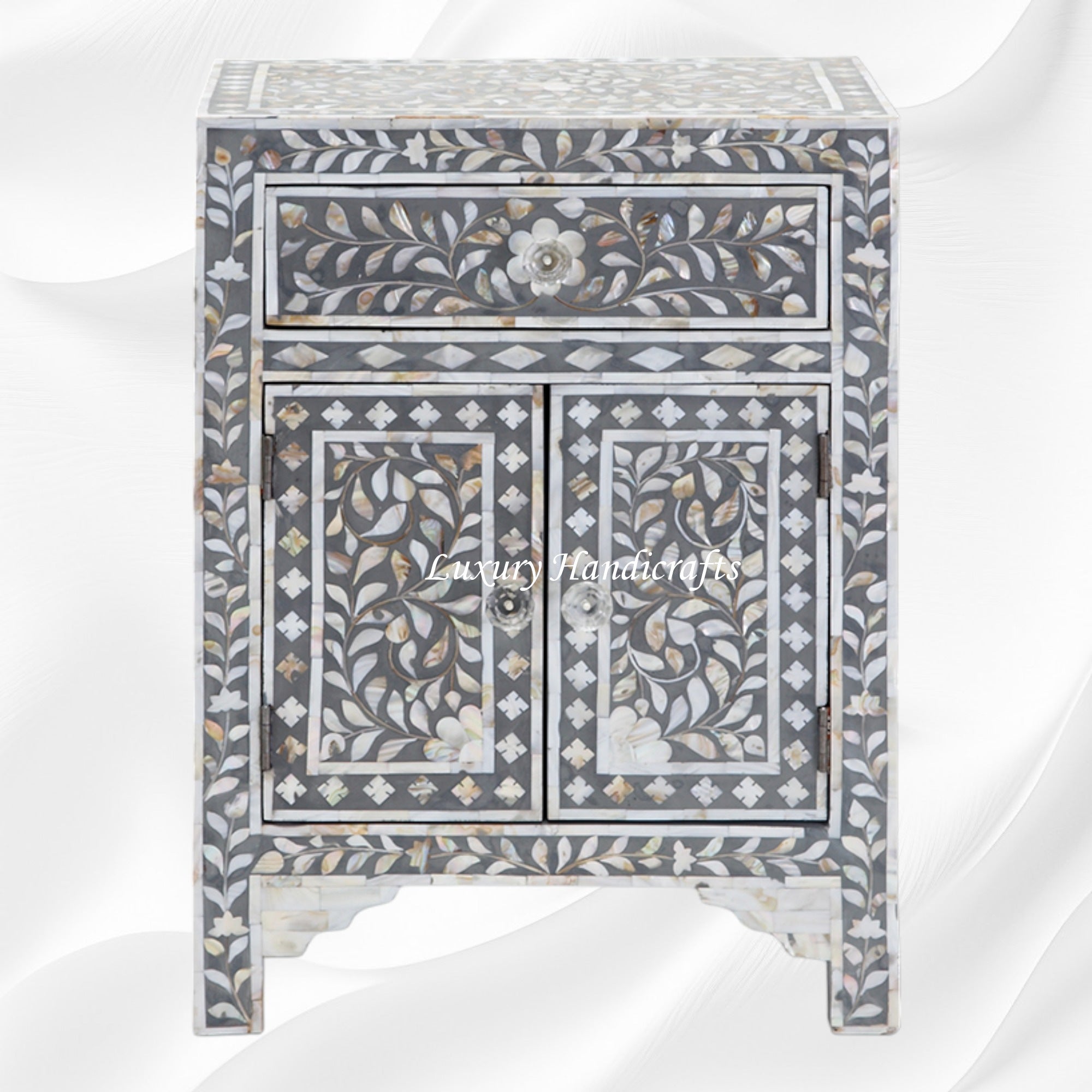 MOP Floral 1 Drawer 2 Door Bedside Table Grey