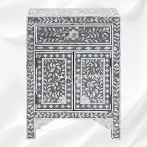 MOP Floral 1 Drawer 2 Door Bedside Table Grey