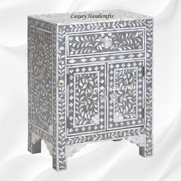 MOP Floral 1 Drawer 2 Door Bedside Table Grey
