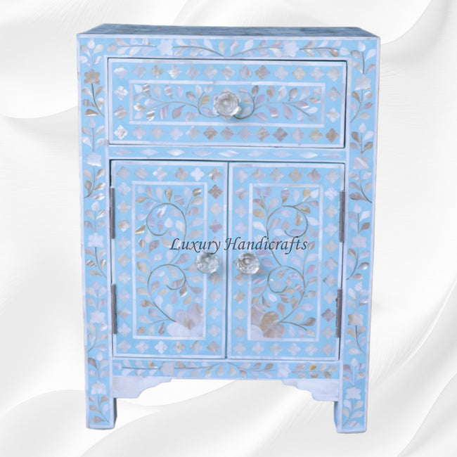 MOP Floral 1 Drawer 2 Door Bedside Table Turquoise 1