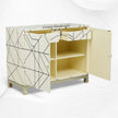 Gabinete geométrico de 2 puertas y 2 cajones con incrustaciones de hueso completo, patas de metal, color negro