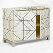 Gabinete geométrico de 2 puertas y 2 cajones con incrustaciones de hueso completo, patas de metal, color negro
