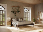 Ophira Turned Two Poster Solid Wood Platform Bed in a bright bedroom with arched windows