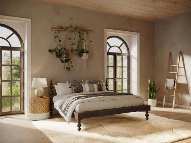 Ophira Turned Two Poster Solid Wood Platform Bed in a bright bedroom with arched windows