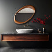 Oriel Oval Wooden Frame Wall Mirror above a floating vanity with a white basin