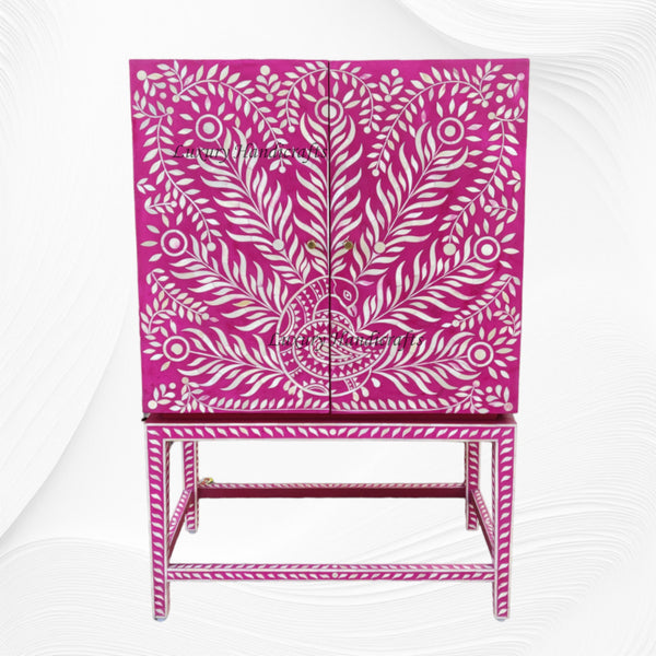 Peacock Design Bone Inlay Bar Cabinet Pink