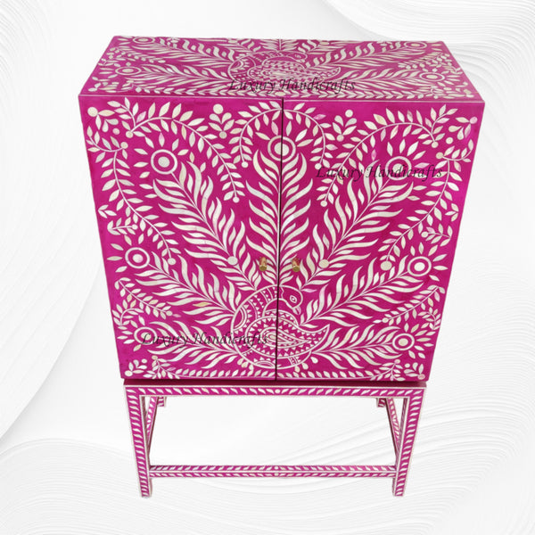 Peacock Design Bone Inlay Bar Cabinet Pink