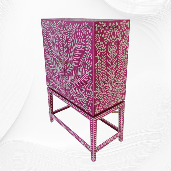 Peacock Design Bone Inlay Bar Cabinet Pink