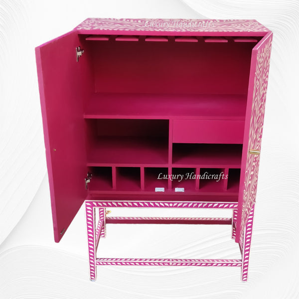 Peacock Design Bone Inlay Bar Cabinet Pink