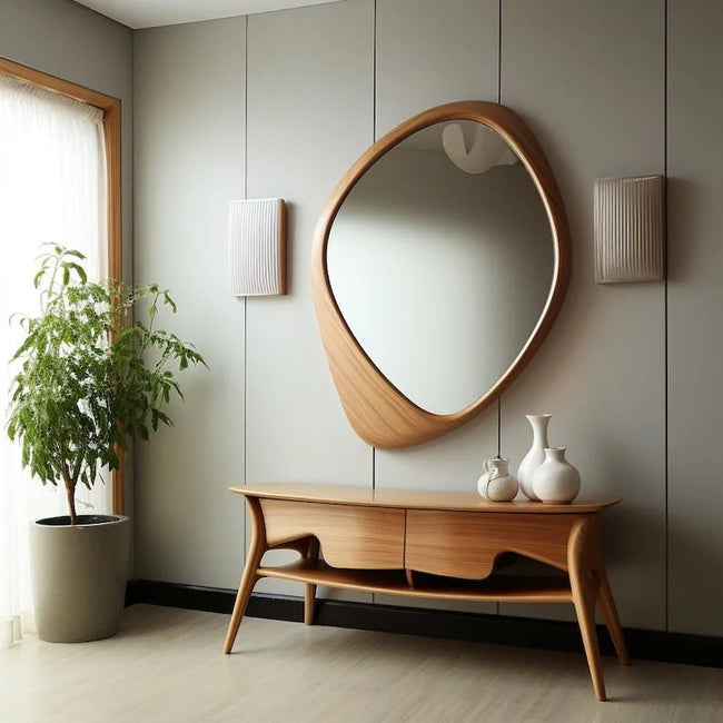 Pebble Irregular Wooden Frame Wall Mirror above a console with a potted plant
