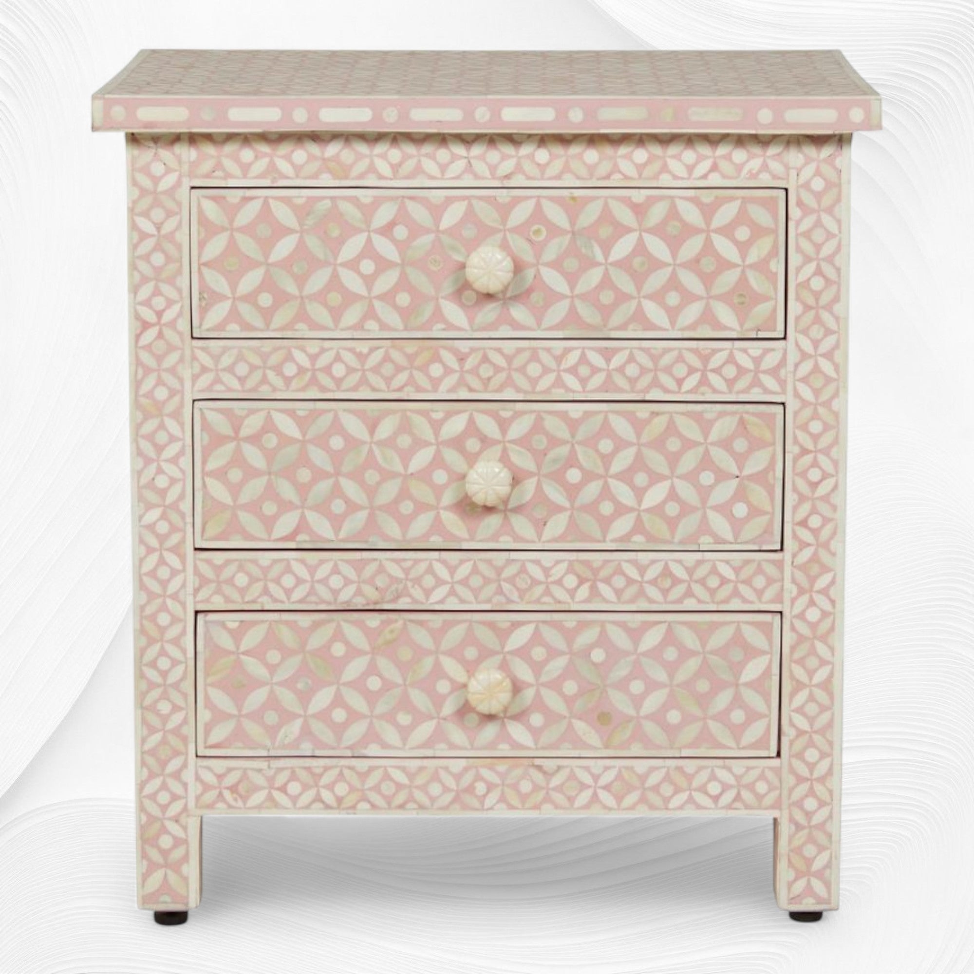 Pink Bone Inlay 3 Drawer Bedside Geometric – Luxury Handicraft