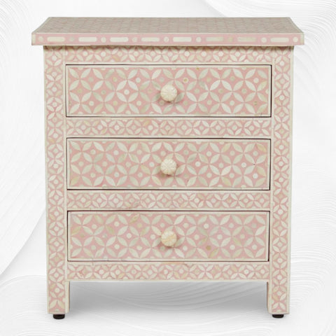 Pink Bone Inlay 3 Drawer Bedside Geometric