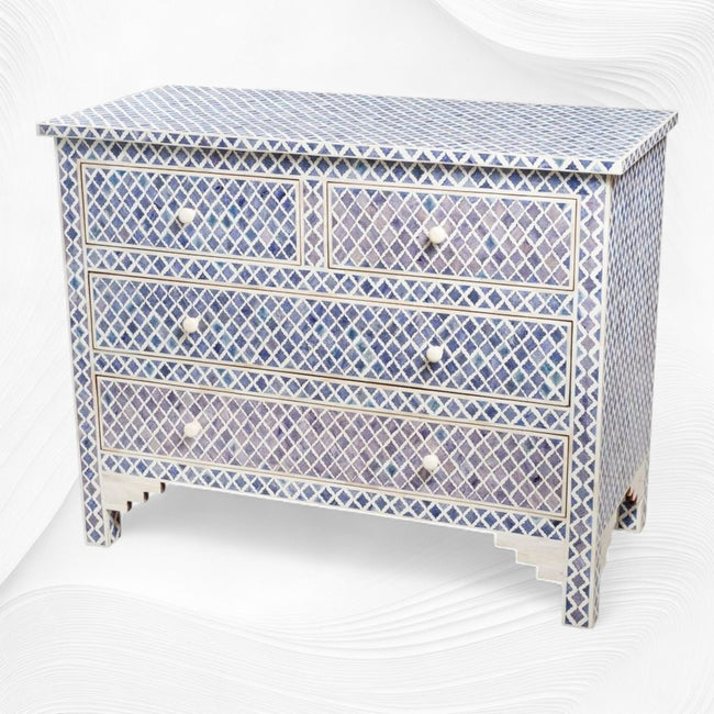Cassettiera Marrakech con 4 cassetti e intarsio in osso di colore rosa