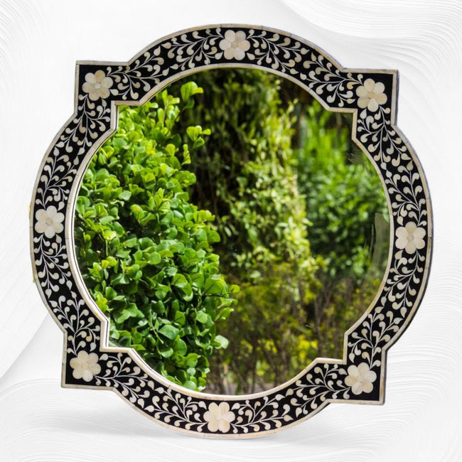 Quatrefoil Floral Bone Inlay Mirror Black