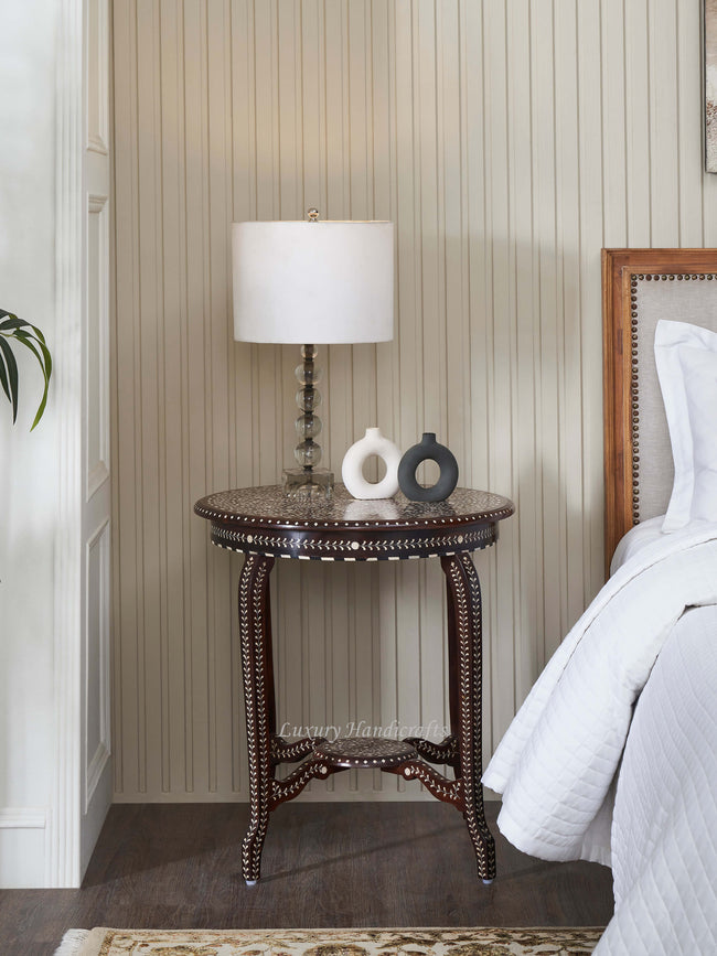 Kyson runder Hocker aus Teakholz mit Knocheneinlage, natur