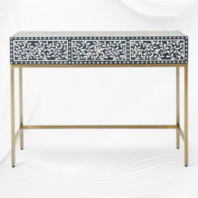 Console à 3 tiroirs avec incrustation d'os et motif vigne, bleu
