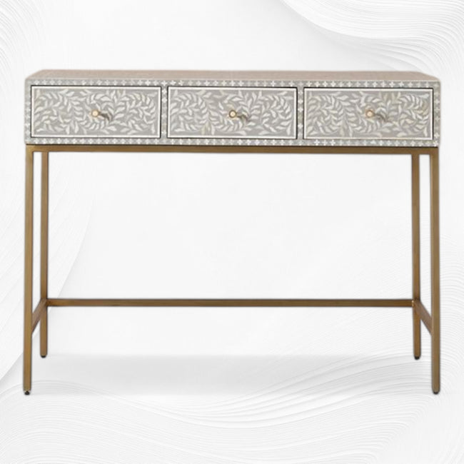 Console à 3 tiroirs avec incrustation d'os et motif vigne, gris