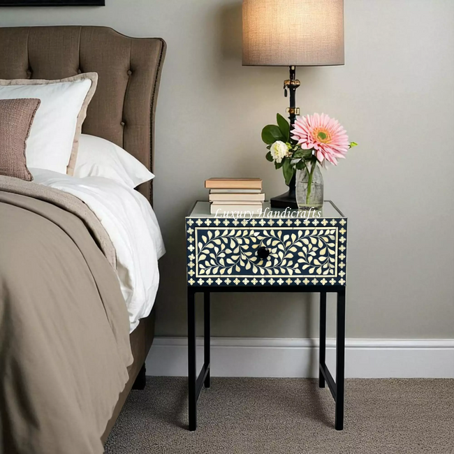 Scroll Vine Bone Inlay Nightstand Blue Black