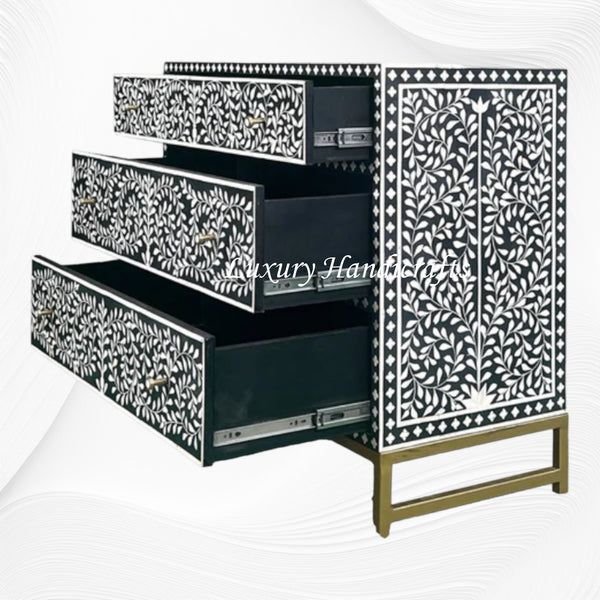 Scroll Vine Bone Inlay Chest of 3 Drawers Black