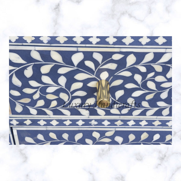 Scroll Vine Bone Inlay Chest of 3 Drawers Indigo