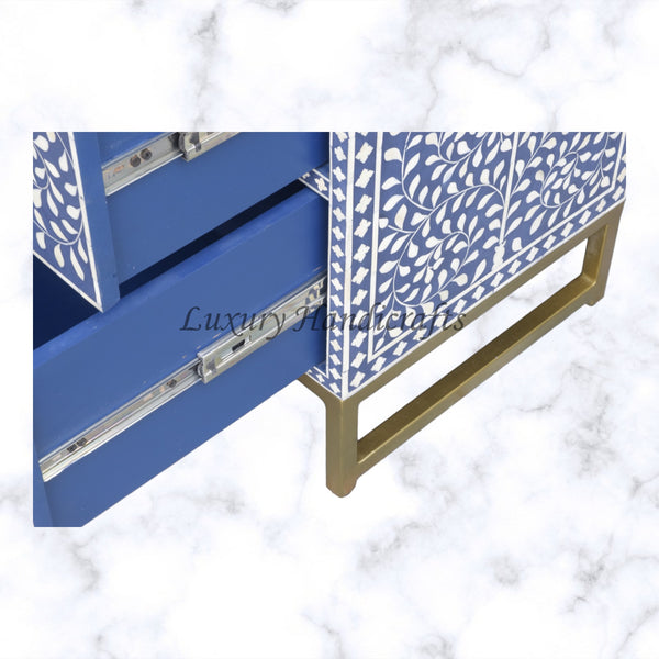 Scroll Vine Bone Inlay Chest of 3 Drawers Indigo