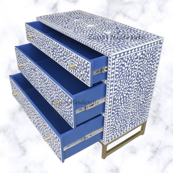 Scroll Vine Bone Inlay Chest of 3 Drawers Indigo