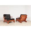Serra Slatted Wood Lounge Armchair pair with dark cushions