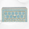 Chevet avec marqueterie d'os 1 tiroir 2 portes design nid d'abeille bleu ciel