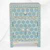Chevet avec marqueterie d'os 1 tiroir 2 portes design nid d'abeille bleu ciel