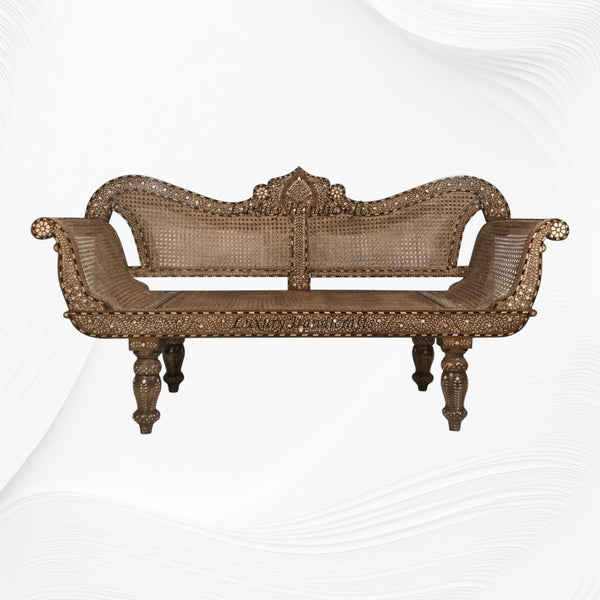 Teakwood Bone Inlaid Cane Daybed