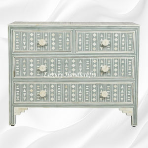 Tribal Bone Inlay Chest of 4 Drawers Dull Mud Green