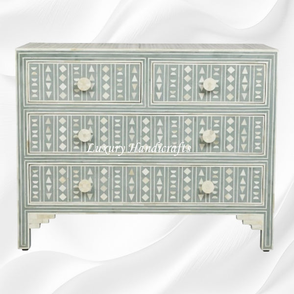 Tribal Bone Inlay Chest of 4 Drawers Dull Mud Green