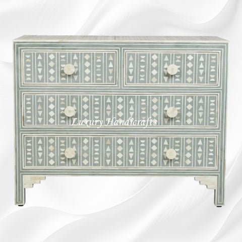 Tribal Bone Inlay Chest of 4 Drawers Dull Mud Green