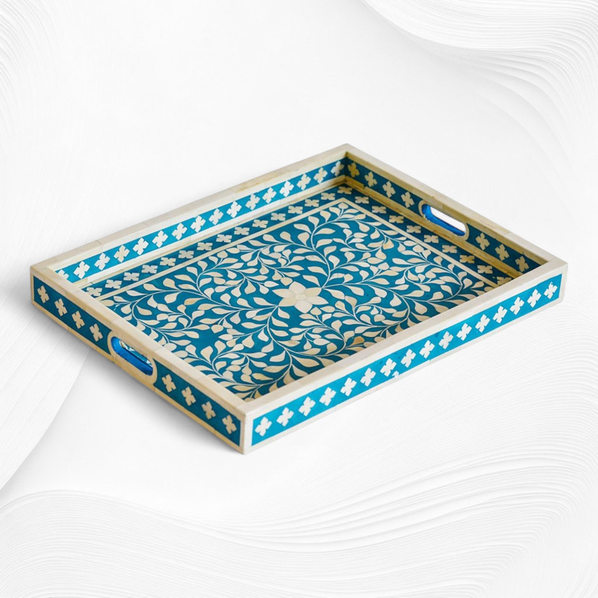 Turquoise Bone Inlaid Rectangular Tray Floral Design | Wood Inlay Tray ...