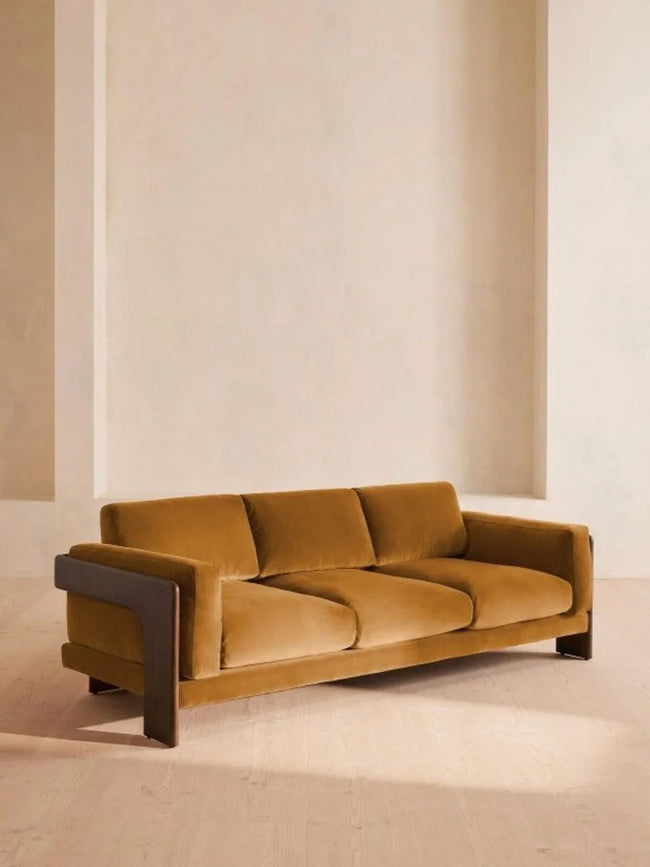 Verde Three Seater Sofa with Reversible Cushions in mustard velvet