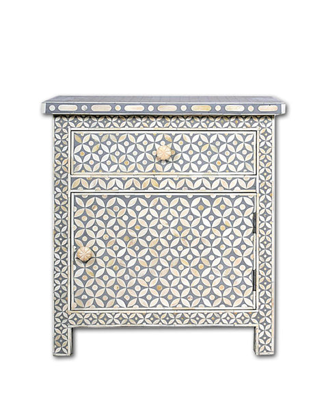 Bone Inlay Geometric Bedside 1 Drawer 1 Door Grey